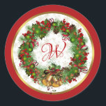 Christmas Wreath Bells Holly Pine Monogram Classic Round Sticker<br><div class="desc">Monogrammed Christmas sticker with the images of green holly leaves,  red berries,  gold bells and pine twigs.</div>