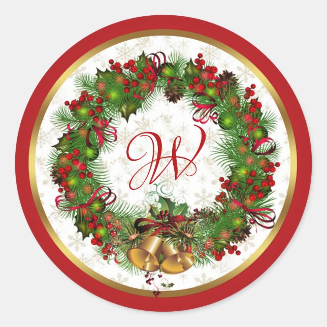Christmas Wreath Bells Holly Pine Monogram Classic Round Sticker (Front)