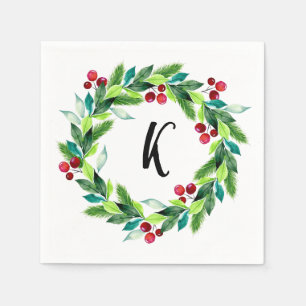 Christmas Wreath Berries Monogram Napkins