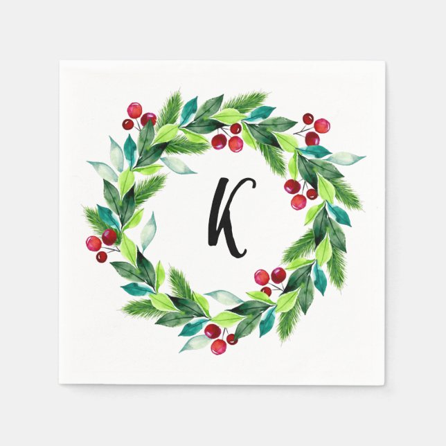 Christmas Wreath Berries Monogram Napkins (Front)