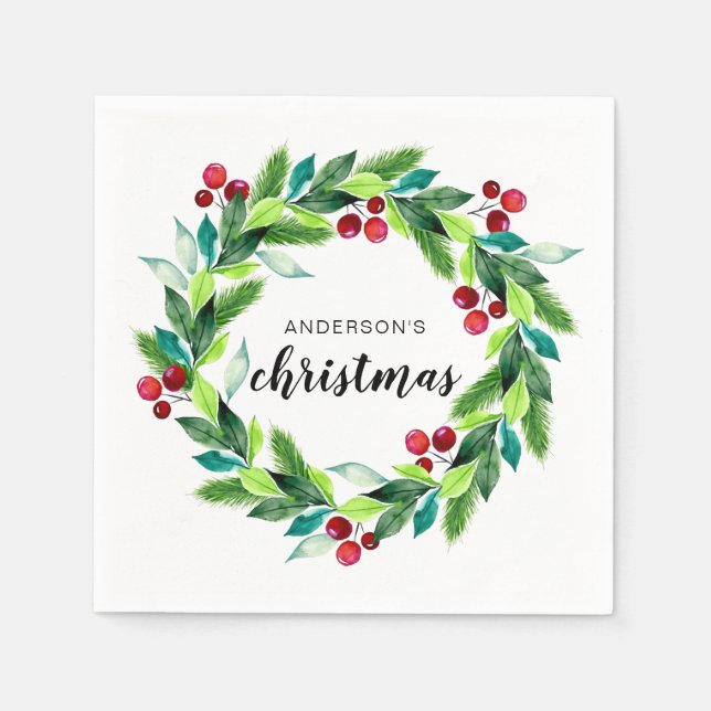 Christmas Wreath Berries Personalized Napkins (Front)