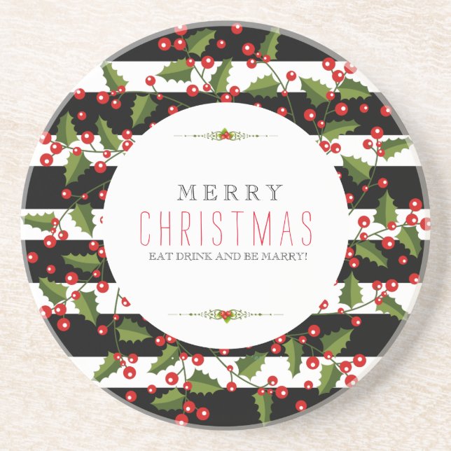 Christmas Wreath & Black & White Stripes Drink Coaster (Front)