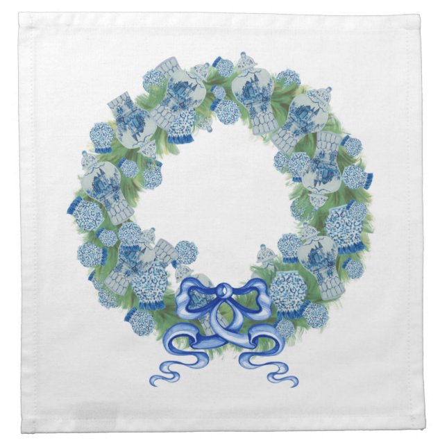 Christmas Wreath Blue Ginger Jar Jars  Cloth Napkin (Front)
