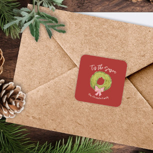 Christmas Wreath Bow Red Green Pink Whimsical Fun Square Sticker