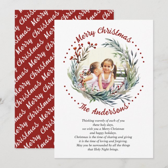 Christmas wreath branches greenery berries photo holiday card (Front/Back)