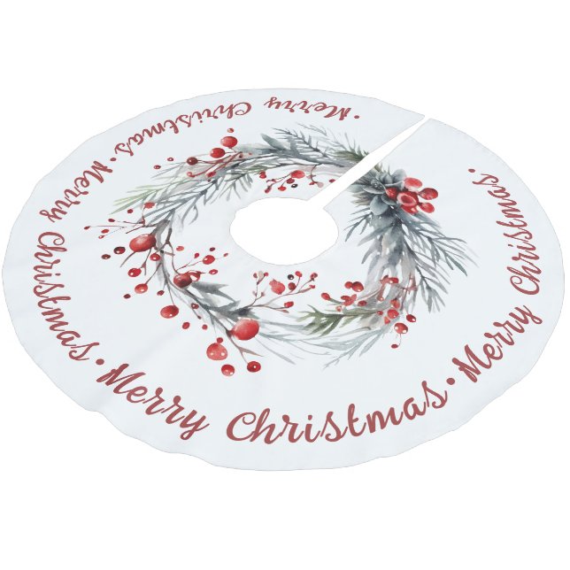 Christmas wreath branches, greenery, red berries  brushed polyester tree skirt (Angled)