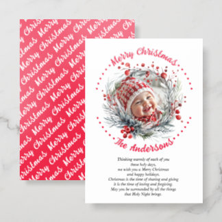 Christmas wreath branches with red berries holiday letterpress photo cards