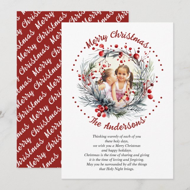 Christmas wreath branches with red berries photo holiday card (Front/Back)