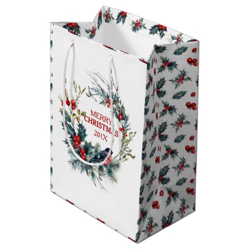 Christmas wreath Bullfinch  Christmas holly Medium Gift Bag