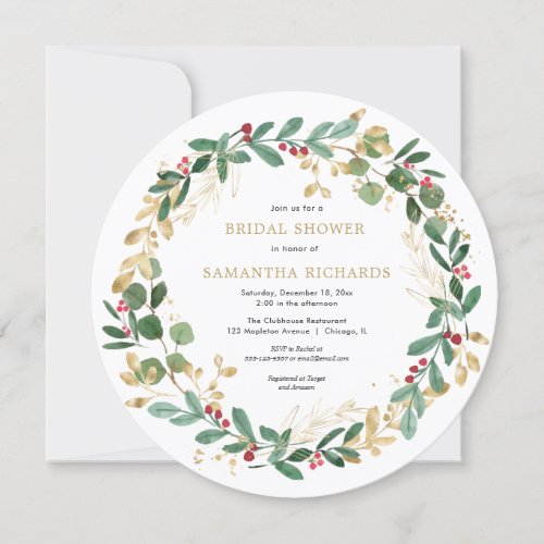 Christmas wreath burgundy greenery bridal shower invitation