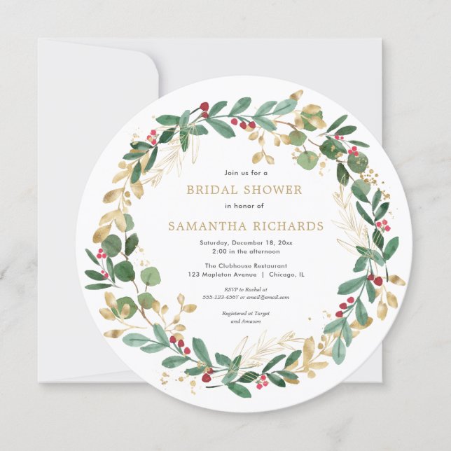 Christmas wreath burgundy greenery bridal shower invitation (Front)