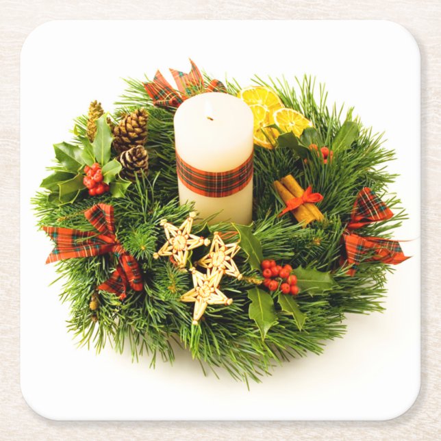 Christmas Wreath Candle Ring Square Paper Coaster (Front)