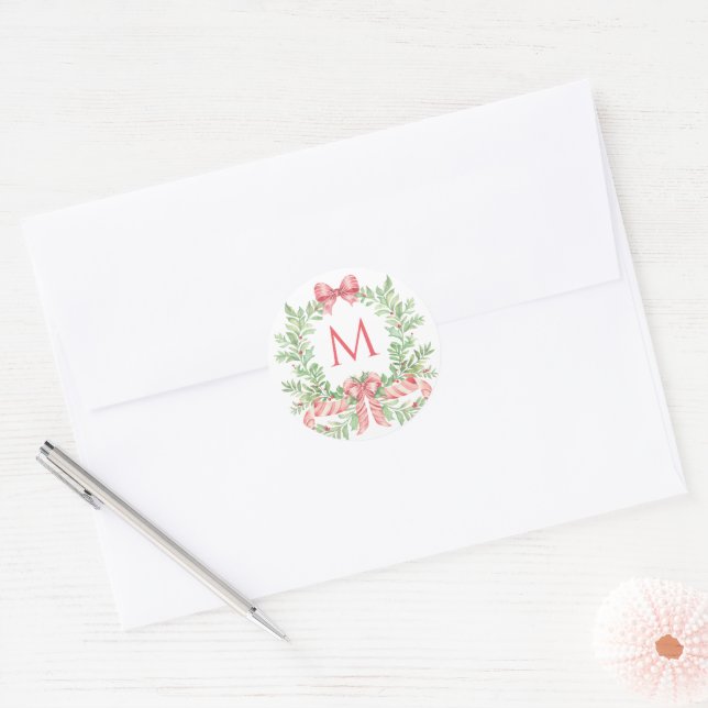 Christmas Wreath Candy Cane Bow | Monogram Classic Round Sticker (Envelope)