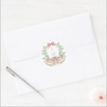 Christmas Wreath Candy Cane Bow | Monogram Wedding Classic Round Sticker<br><div class="desc">The elegant watercolor monogram crest gives this envelope seal a festive look that any holiday bride will love. Personalize this sticker with your initials inside the crest at the top. Colors include, sage green, green and red. If you have any questions or need help customizing this invitation, please reach out....</div>