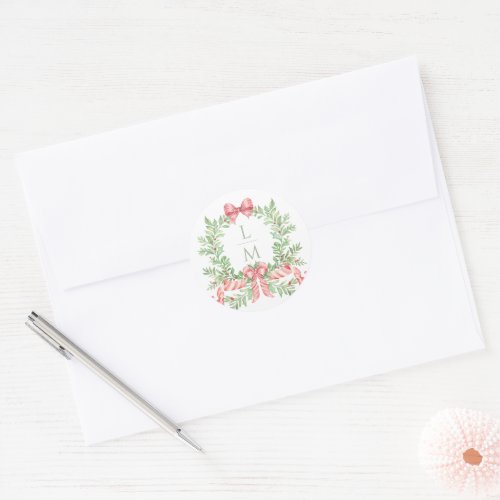 Christmas Wreath Candy Cane Bow  Monogram Wedding Classic Round Sticker