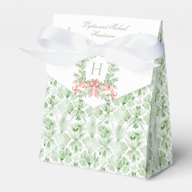 Christmas Wreath Candy Cane Bow | Monogram Wedding Favor Boxes (Front Side)