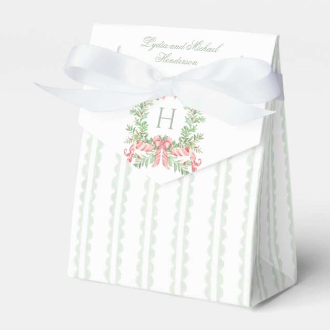 Christmas Wreath Candy Cane Bow | Monogram Wedding Favor Boxes (Front Side)