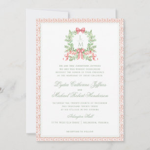 Christmas Wreath Candy Cane Bow   Monogram Wedding Invitation