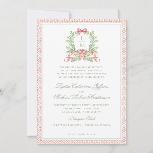 Christmas Wreath Candy Cane Bow  Monogram Wedding Invitation