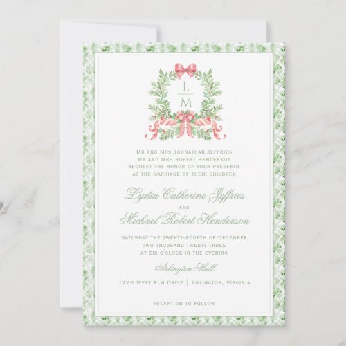 Christmas Wreath Candy Cane Bow  Monogram Wedding Invitation