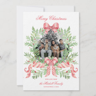 Christmas Wreath Candy Cane Bow Photo Card