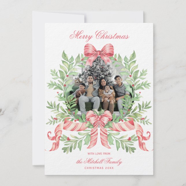 Christmas Wreath Candy Cane Bow | Photo Card (Front)