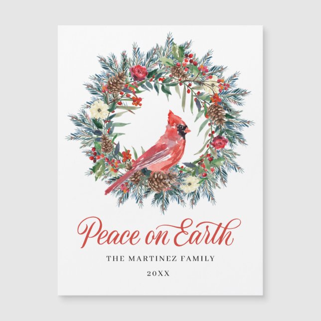Christmas Wreath Cardinal Holiday Magnetic Card (Front)