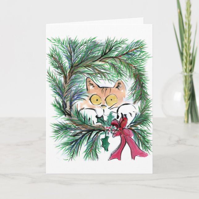 Christmas Wreath Cat, Sumi-e Holiday Card (Front)
