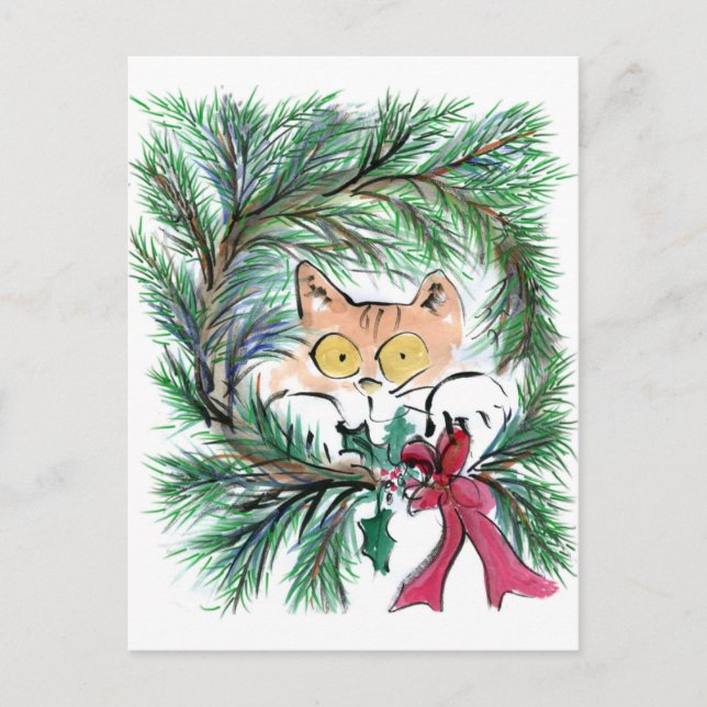 Christmas Wreath Cat, Sumi-e Holiday Postcard (Front)
