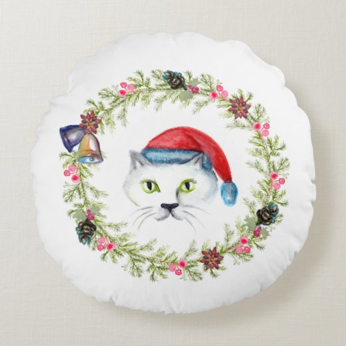 Christmas Wreath Cat with Santa Hat  Round Pillow