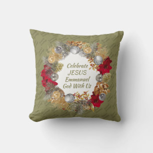 Christmas Wreath   CELEBRATE JESUS Olive Green Throw Pillow