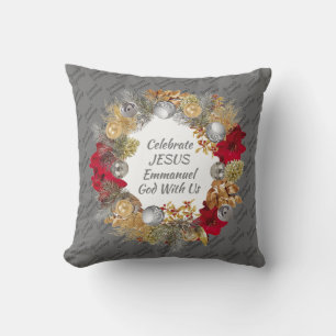 Christmas Wreath   CELEBRATE JESUS   Silver Gray Throw Pillow