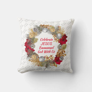 Christmas Wreath CELEBRATE JESUS White Throw Pillow