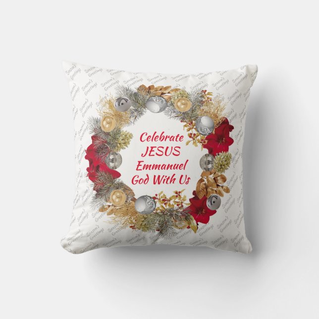 Christmas Wreath | CELEBRATE JESUS White Throw Pillow (Front)