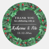 Christmas Wreath | Chalkboard Wedding Thank You Classic Round Sticker