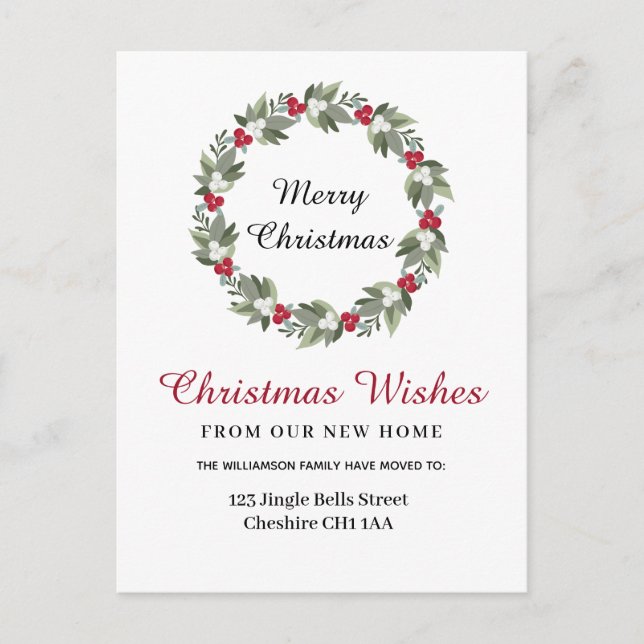 Christmas Wreath Change of Address Announcement Postcard (Front)