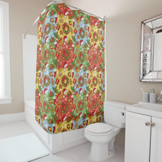 Christmas wreath, Christmas Ornaments, Santa's Hat Shower Curtain (In Situ)