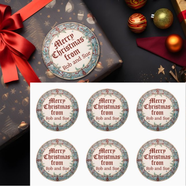 Christmas Wreath  Classic Round Sticker (A Christmas wreath gift label is shown attached to a gift and in a sheet of six.)