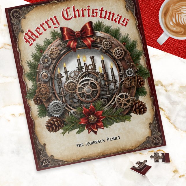 Christmas Wreath Cogs Candles Custom Steampunk Jigsaw Puzzle (A Christmas jigsaw puzzle with Steampunk theme, with festive wreath, cogs, pinecones and candles)