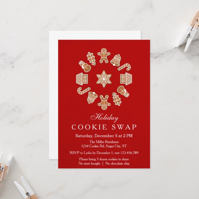 Christmas Wreath Cookie Swap Invitation (Front/Back In Situ)