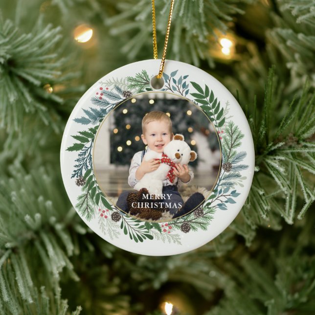 Christmas Wreath Custom 2-Photo Ceramic Ornament (Tree)