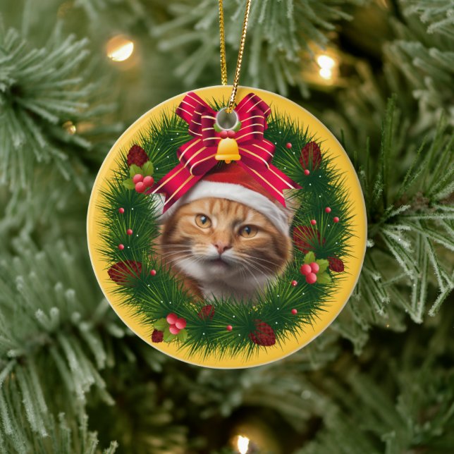 Christmas Wreath Custom Cat Modern Cute Pet Photo Ceramic Ornament (Tree)