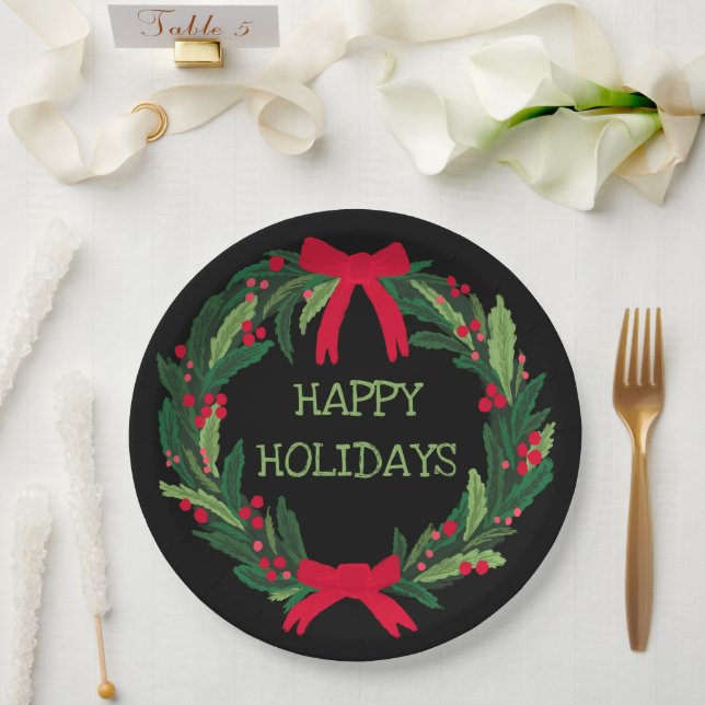 Christmas Wreath CUSTOM Hand Drawn Holiday Paper Plates (Wedding)