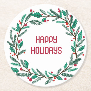 Christmas Wreath CUSTOM Hand Drawn Holiday Round Paper Coaster