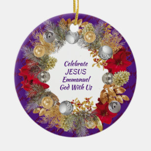 Christmas Wreath Custom Purple CELEBRATE JESUS Ceramic Ornament