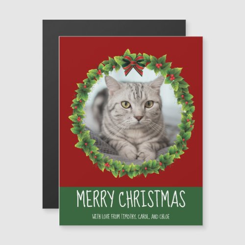 Christmas Wreath Cute Custom Cat Photo Red Magnet