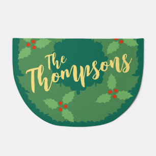 Christmas Wreath Cute Green Cartoon Family Name Doormat