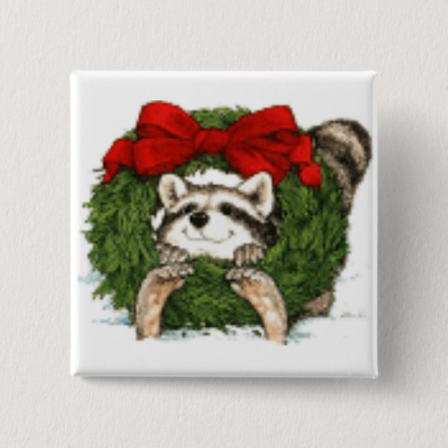 Christmas Wreath Decoration And Raccoon Pinback Button (Front)