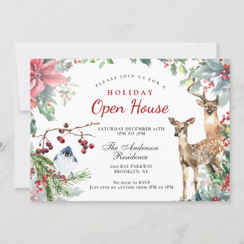Christmas Wreath Deer  Bird Holiday Open House Invitation