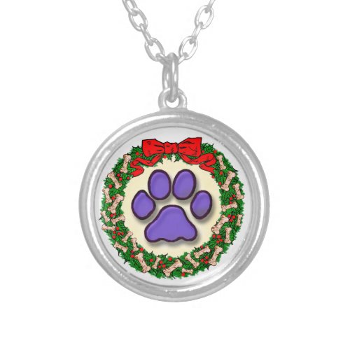 Christmas Wreath Dog Paw Design  Silver Plated Necklace